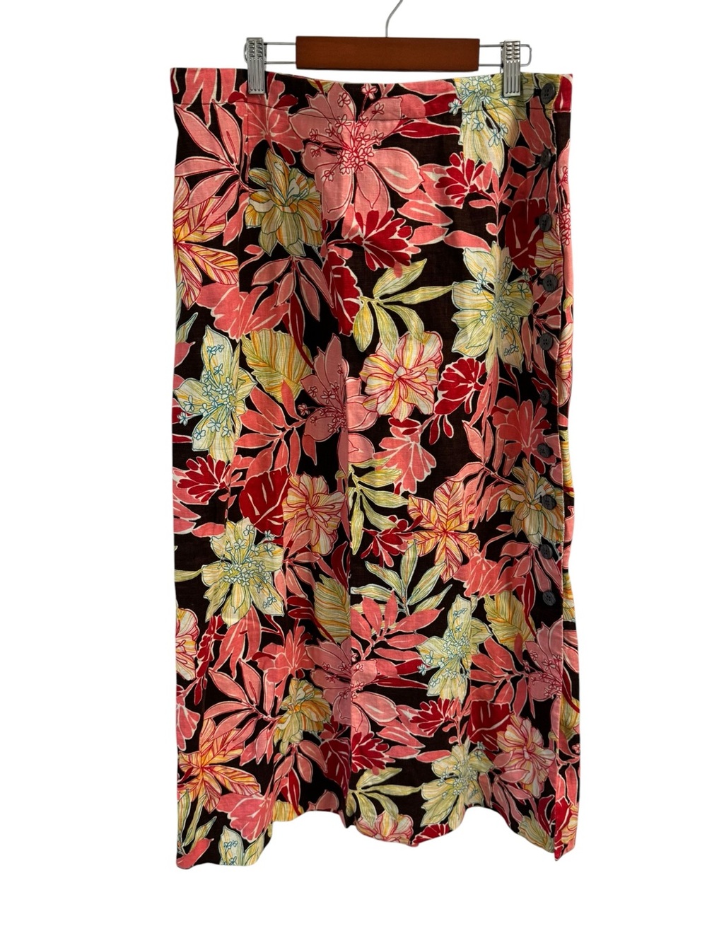 Vintage Liz Claiborne Coral, Yellow & Black Floral Linen Skirt Grandma Core Boho